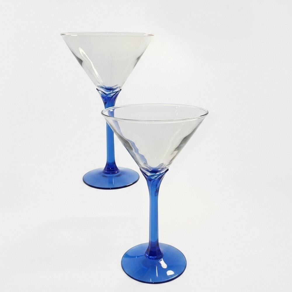 Libbey Domaine Cobalt Blue Stem Martini Cocktail Glasses Set of 2 Vintage